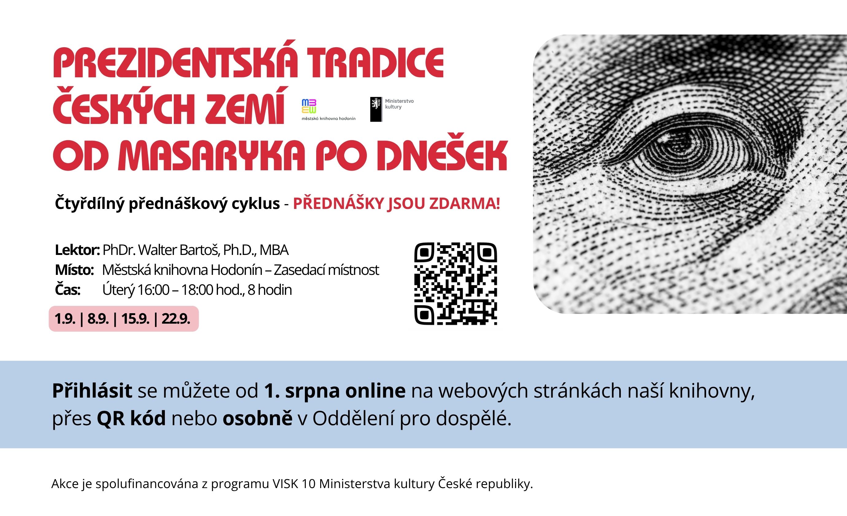 Čtyřdílný přednáškový cyklus představuje československé a české prezidenty jako klíčové aktéry politického, kulturního i morálního vývoje státu. Sleduje, jak se úřad hlavy státu proměňoval v demokratickém, autoritářském i totalitním prostředí, a ukazuje, jak jednotlivé osobnosti – od Masaryka po Pavla – formovaly podobu republiky i politickou kulturu české společnosti. Cyklus propojuje biografii, ústavní historii a dobové kontexty a pokládá otázku, co znamená prezidentská tradice v moderních českých dějinách.